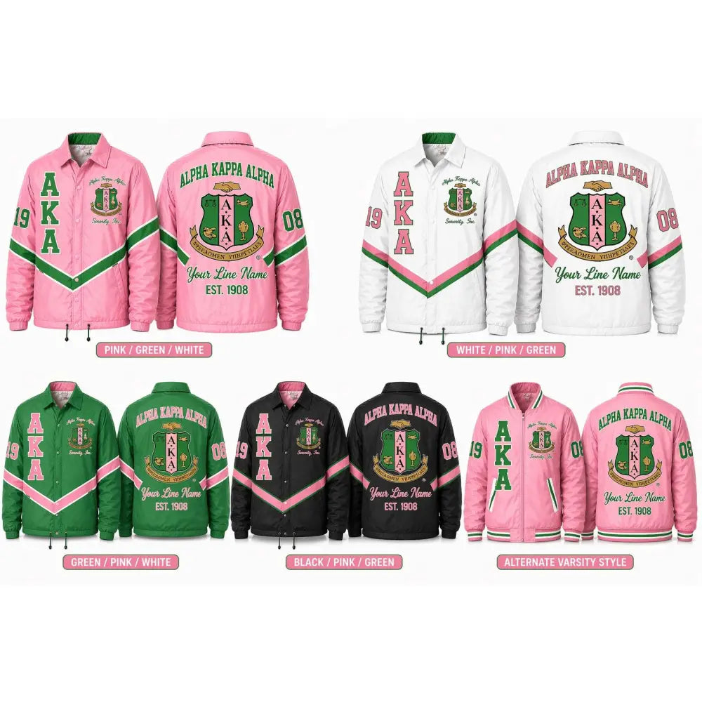 Pink / Green Alpha Kappa Alpha Custom Line Jacket with personalized front, back, and sleeve embroidery