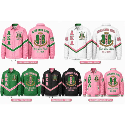 Pink / Green Alpha Kappa Alpha Custom Line Jacket with personalized front, back, and sleeve embroidery