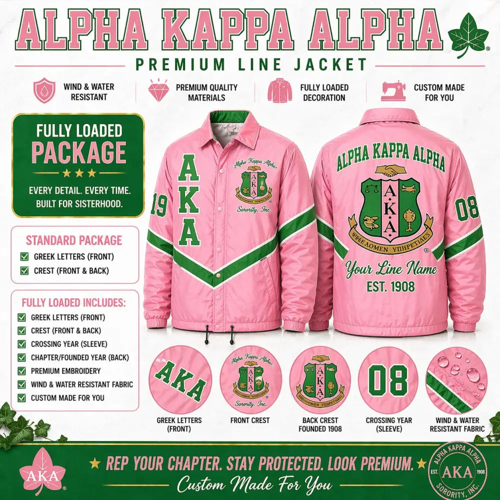 Pink / Green Alpha Kappa Alpha Custom Line Jacket with personalized front, back, and sleeve embroidery