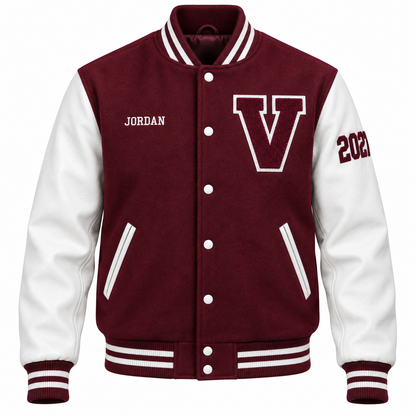 Custom maroon & white high school letterman jacket with personalized patches