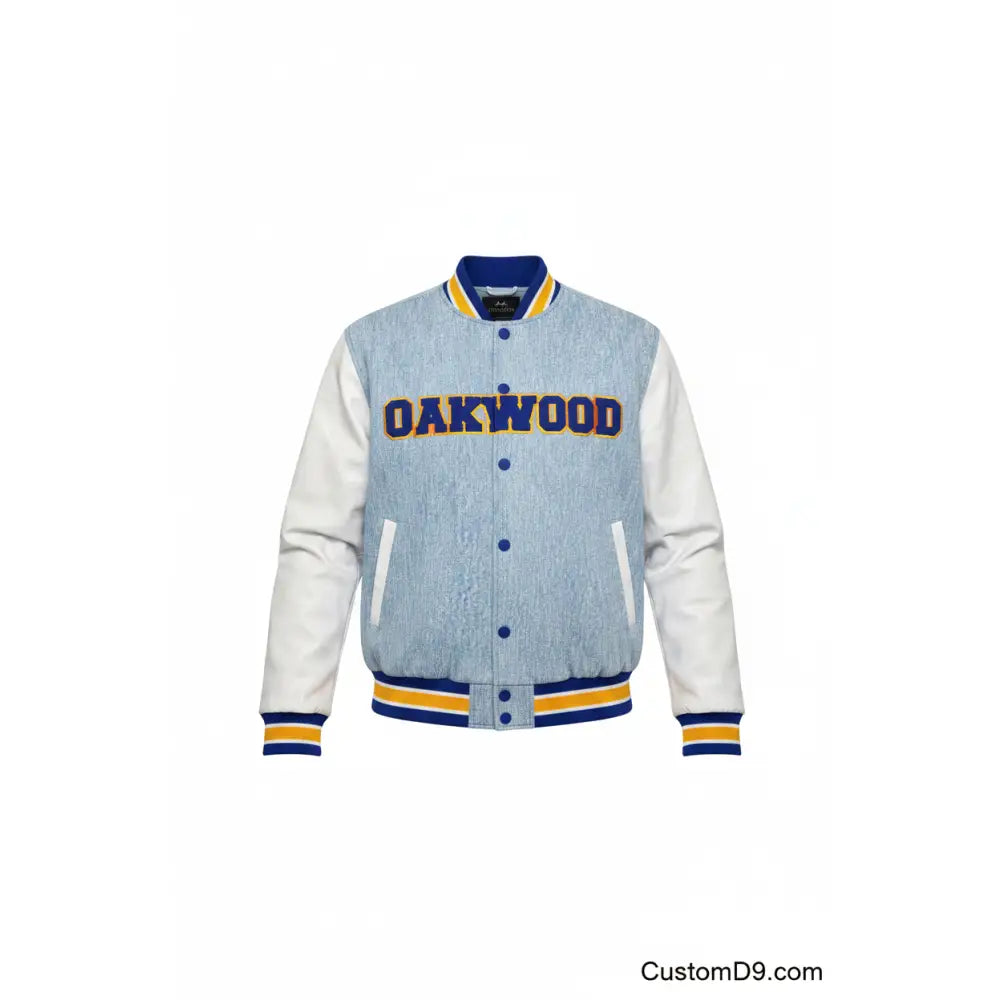 Custom Oakwood University Denim Bomber Jacket front view with personalized college design