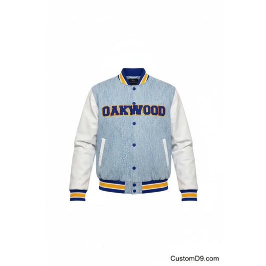 Custom Oakwood University Denim Bomber Jacket front view with personalized college design