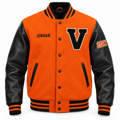 Custom orange & black high school letterman jacket with personalized patches