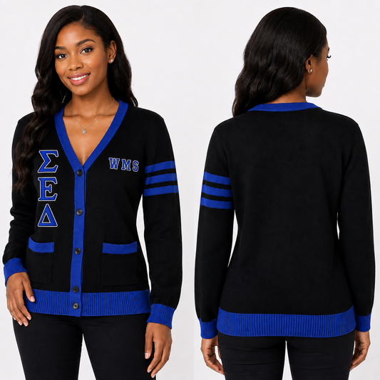 Black custom Greek cardigan with royal blue trim, vertical Greek letters, WMS chest text and sleeve stripes