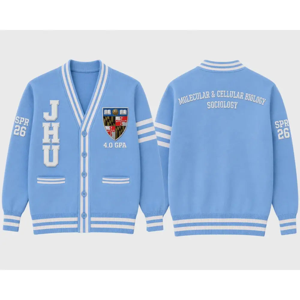Custom JHU Light Blue Cardigan front view with white academic department customization