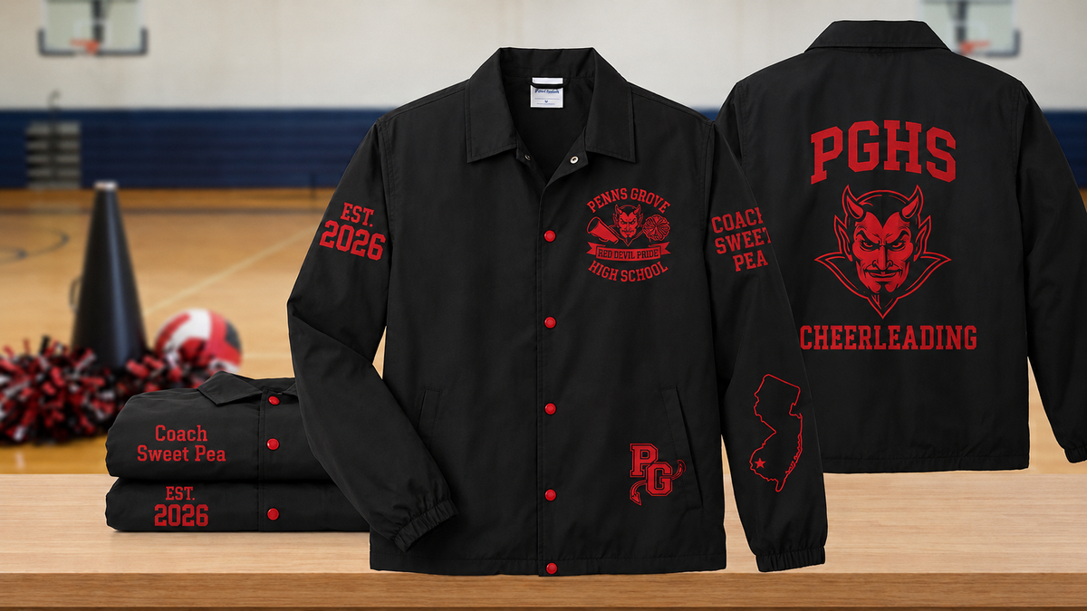 Black and red PGHS cheerleading sublimation line jacket showing personalized front, back and sleeve designs