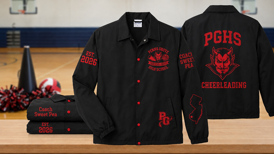 Black and red PGHS cheerleading sublimation line jacket showing personalized front, back and sleeve designs