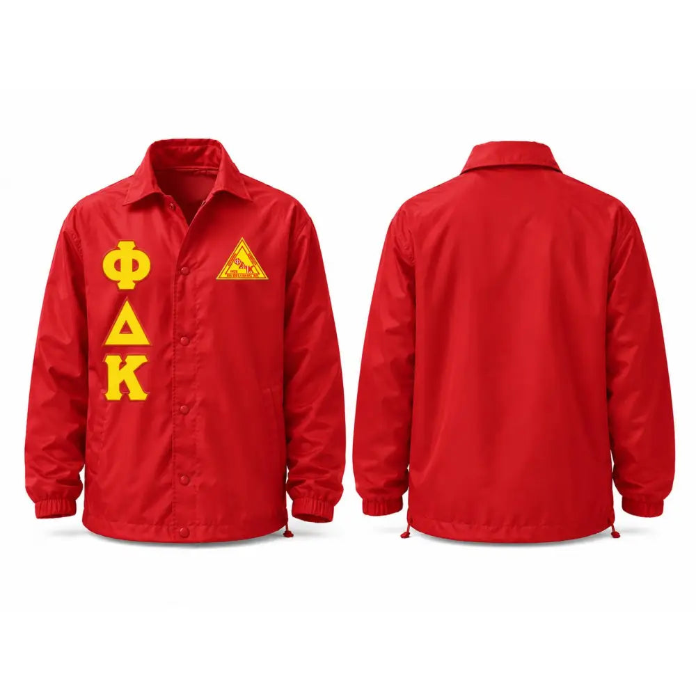Red Kappa Alpha Psi Coach Line Jacket with personalized front, back, and sleeve embroidery