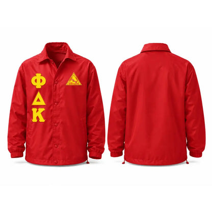 Red Kappa Alpha Psi Coach Line Jacket with personalized front, back, and sleeve embroidery