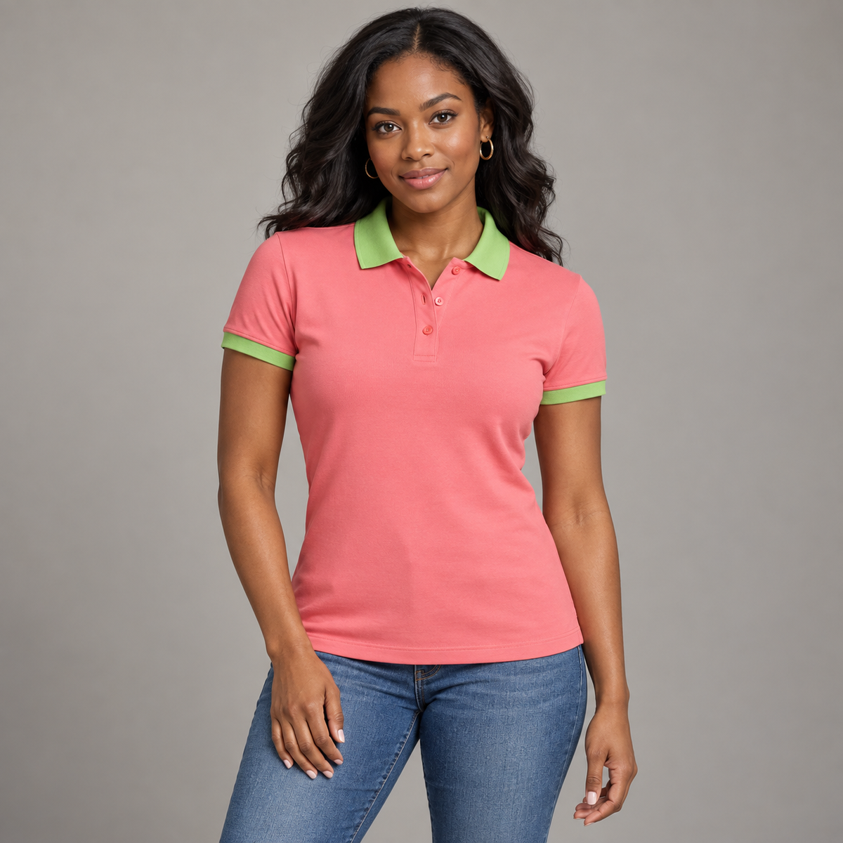 Blank salmon pink polo with apple green collar and sleeve trim on a model