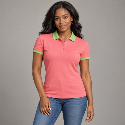 Blank salmon pink polo with apple green collar and sleeve trim on a model
