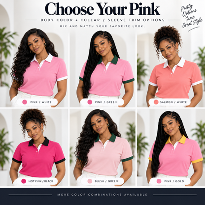 Pink polo body color and collar sleeve trim options