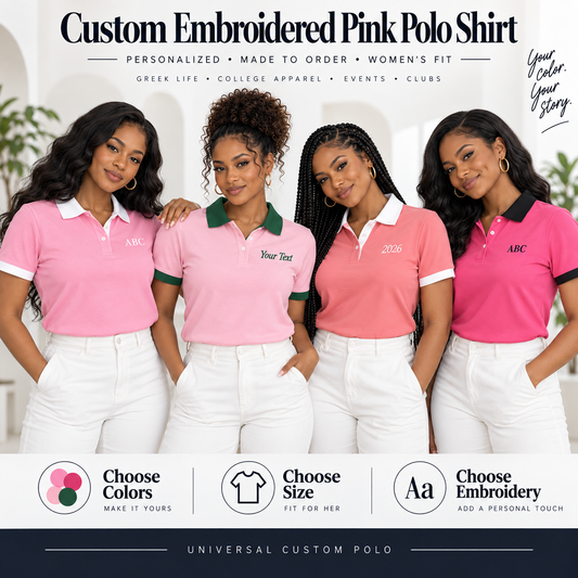 Custom embroidered pink polo shirt on female models