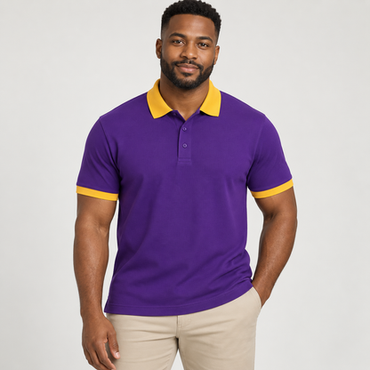 Blank royal purple men's polo with old gold collar and sleeve trim on a model