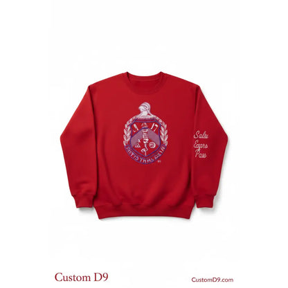 Custom Shield Greek Letter Chenille Sweatshirt front view with raised chenille Greek lettering