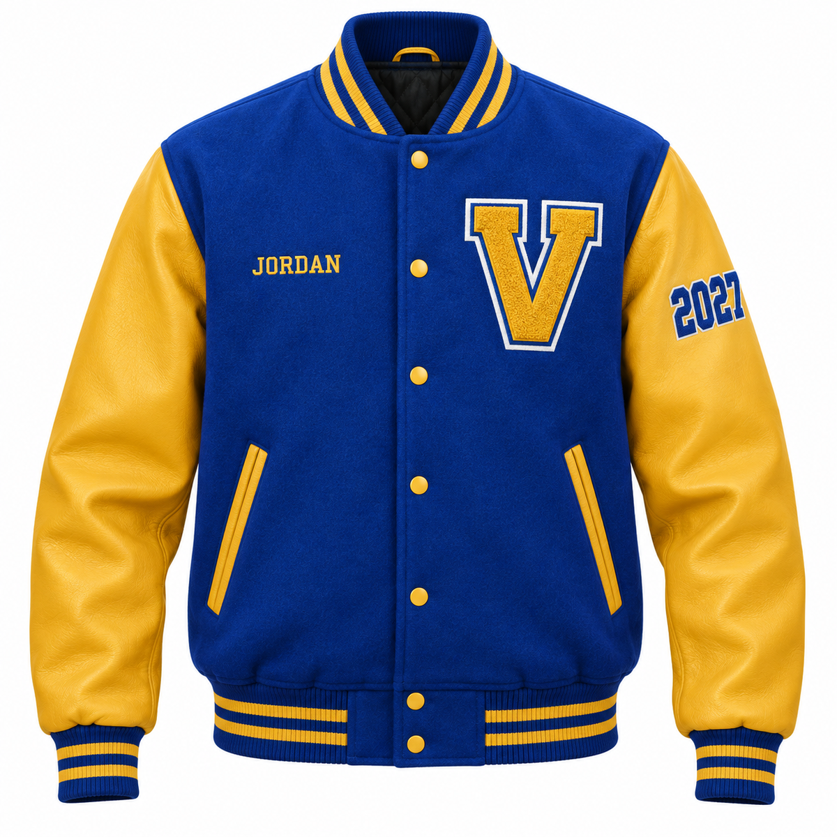 Custom royal blue & gold high school letterman jacket with personalized patches