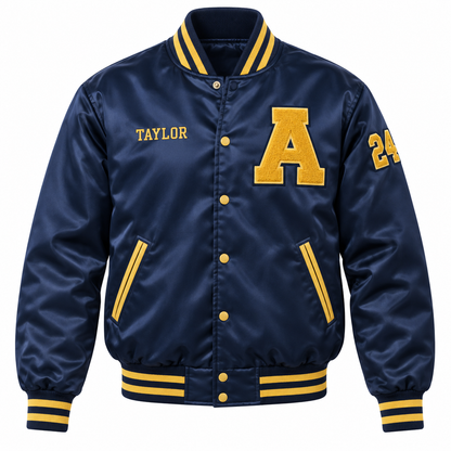 Navy and gold satin custom high school varsity letterman jacket