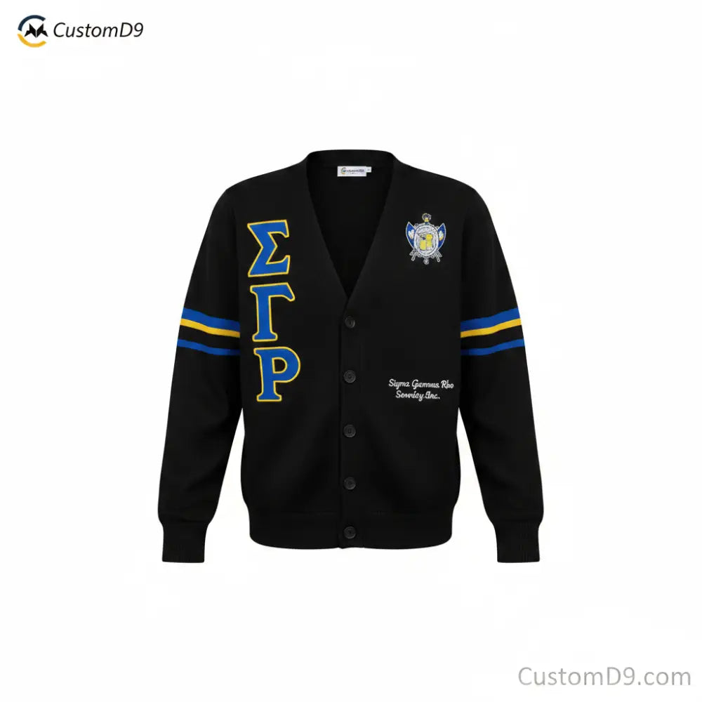 Custom Sigma Gamma Rho Cardigan front view with personalized royal blue and gold design