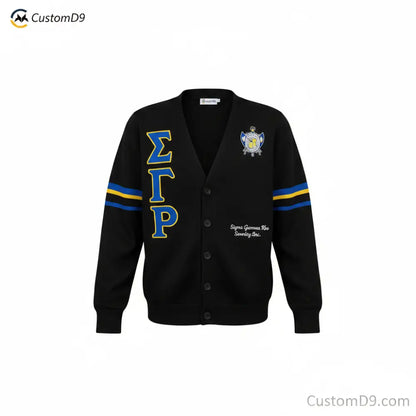 Custom Sigma Gamma Rho Cardigan front view with personalized royal blue and gold design