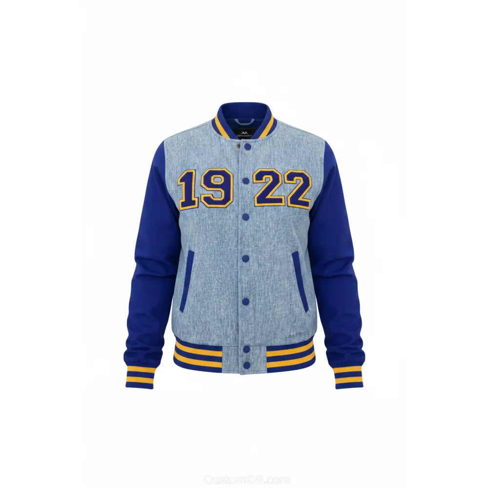 Custom 1922 Sigma Gamma Rho Sorority Apparel front view with personalized royal blue and gold design