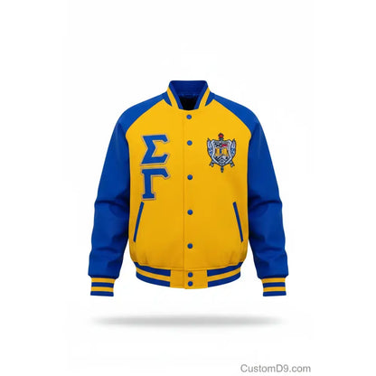 Custom Gold Sigma Gamma Rho Varsity Jacket front view with personalized royal blue and gold design