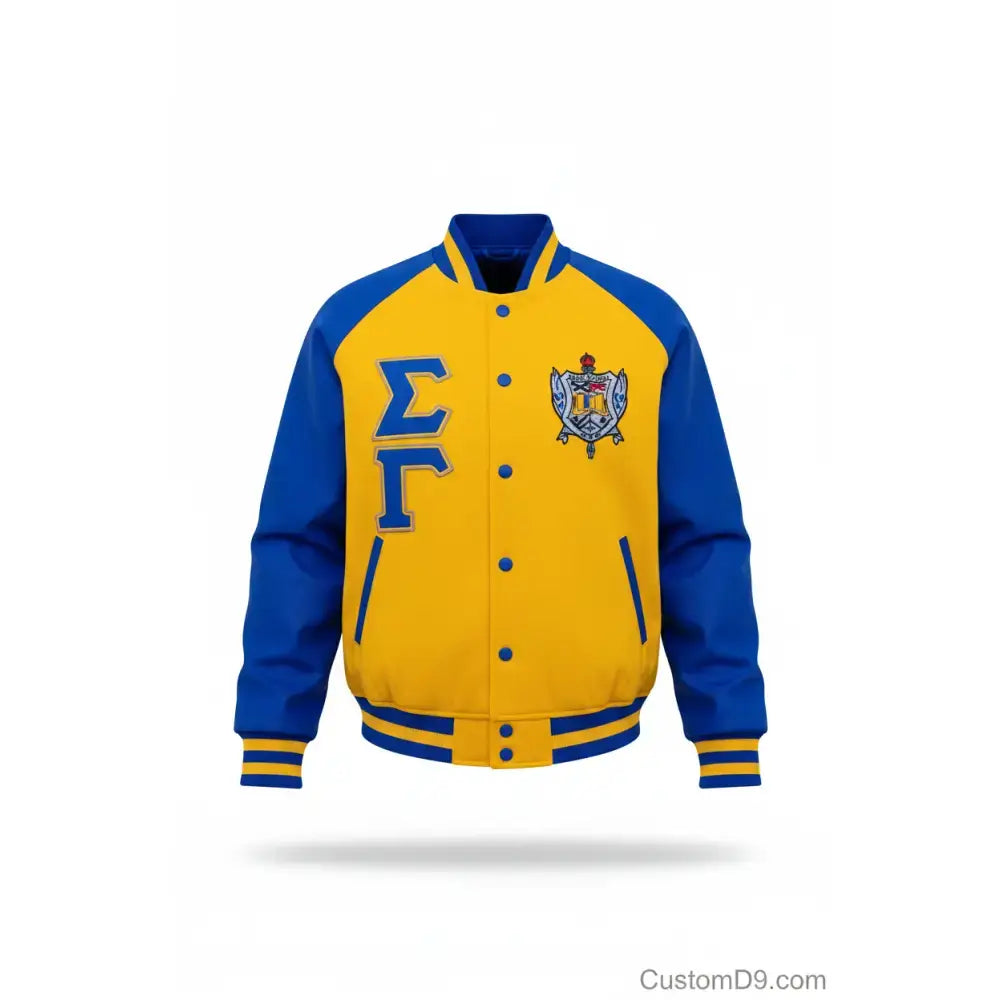 Custom Gold Sigma Gamma Rho Varsity Jacket front view with personalized royal blue and gold design