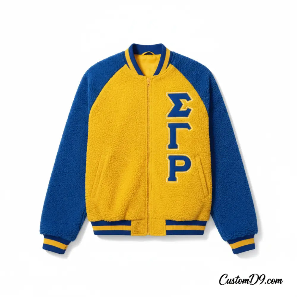 Custom Sigma Gamma Rho Sorority Apparel Style 3 front view with personalized royal blue and gold design