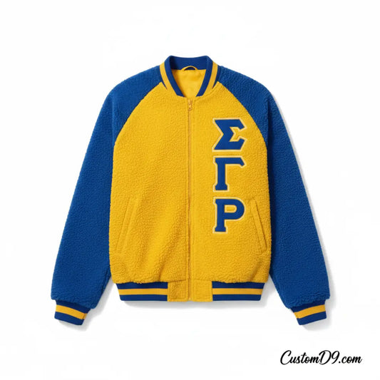 Custom Sigma Gamma Rho Sorority Apparel Style 3 front view with personalized royal blue and gold design