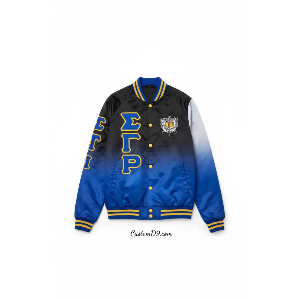 Custom Black Sigma Gamma Rho Sorority Apparel front view with personalized royal blue and gold design