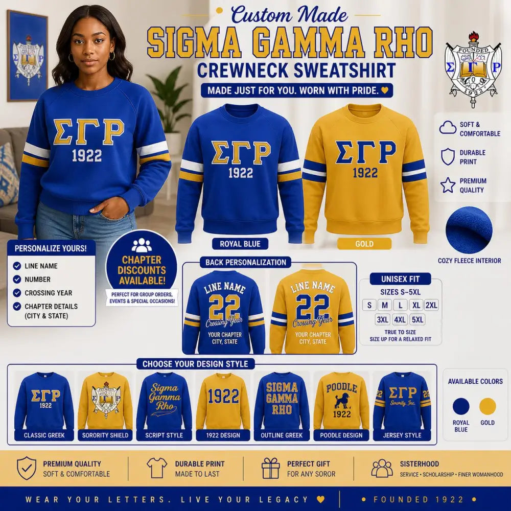 Custom Sigma Gamma Rho sweatshirt display featuring multiple colors and personalization options for unique Greek apparel.