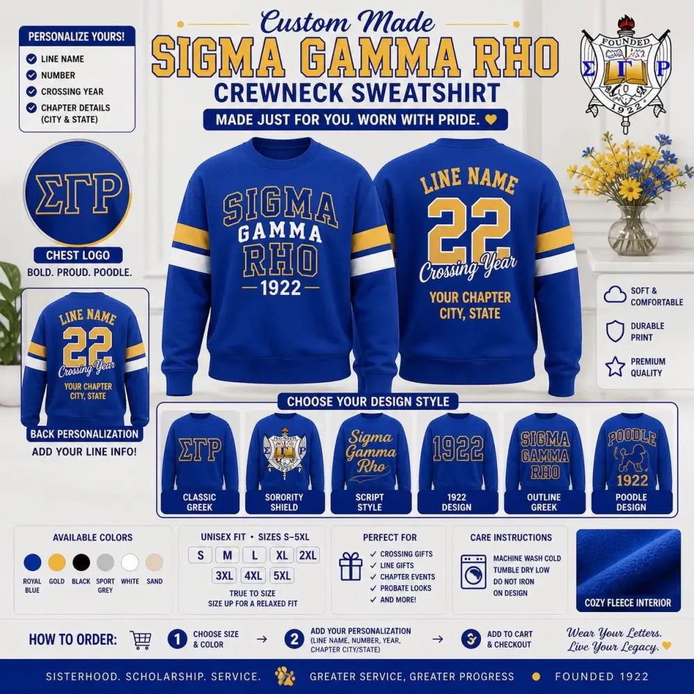 Custom Sigma Gamma Rho sweatshirt design showcasing personalization options, colors, and Greek life details.