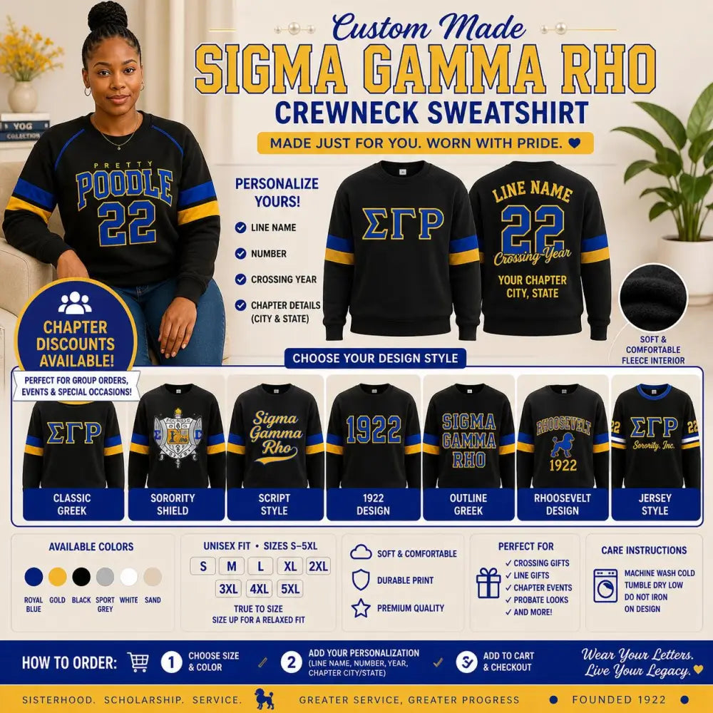 Custom Sigma Gamma Rho sweatshirt featuring personalized designs and options for custom text and colors.