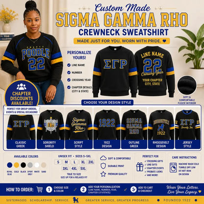 Custom Sigma Gamma Rho sweatshirt featuring personalized designs and options for custom text and colors.