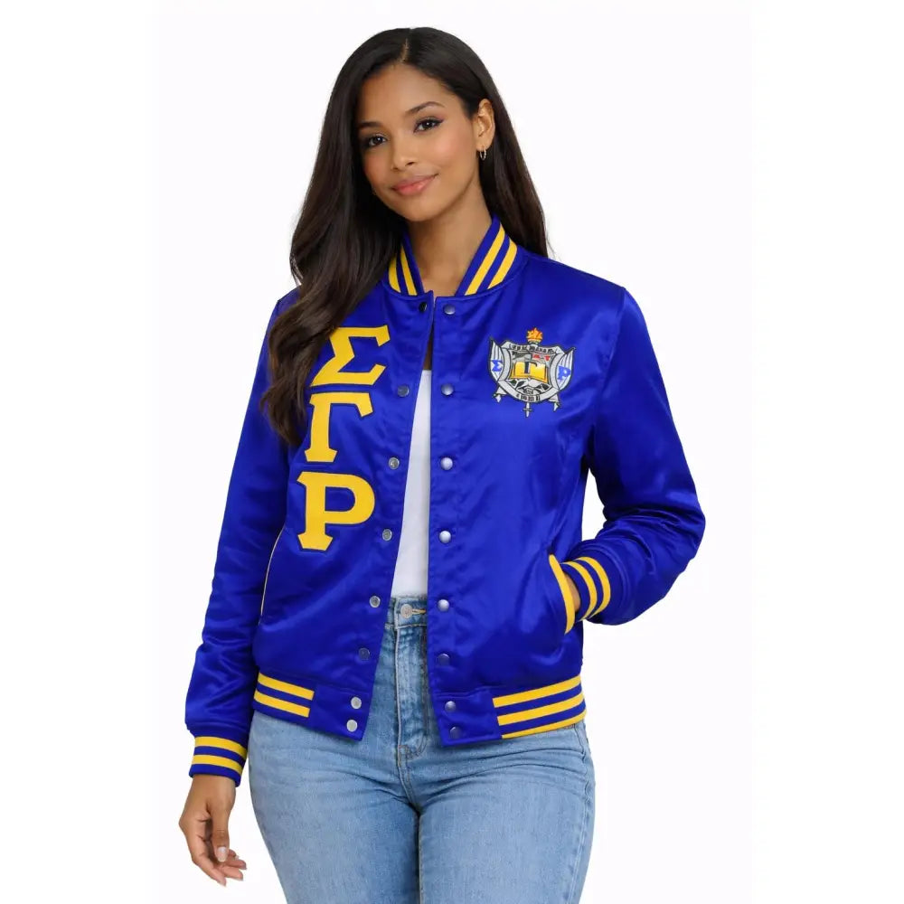 Royal Blue / Gold Sigma Gamma Rho Varsity Line Jacket with personalized front, back, and sleeve embroidery