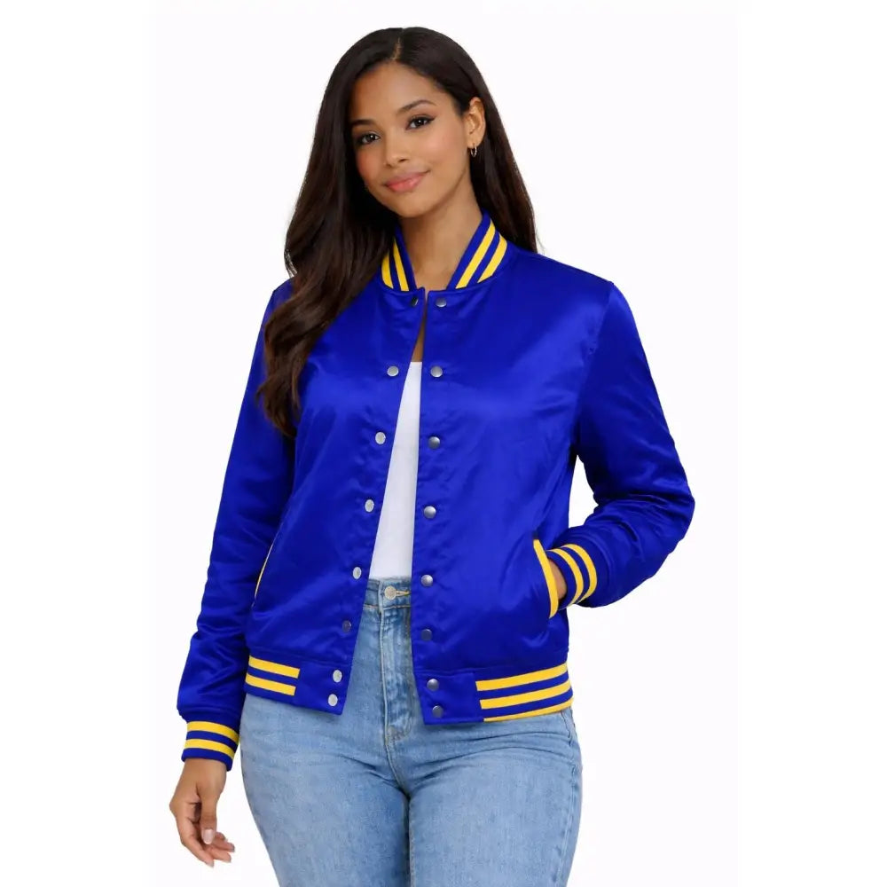 Royal Blue / Gold Sigma Gamma Rho Varsity Line Jacket with personalized front, back, and sleeve embroidery