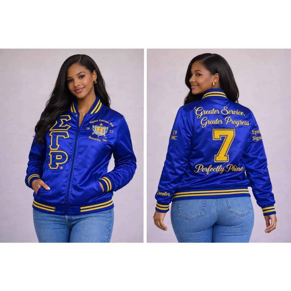 Gold / Red Sigma Gamma Rho Varsity Line Jacket with personalized front, back, and sleeve embroidery