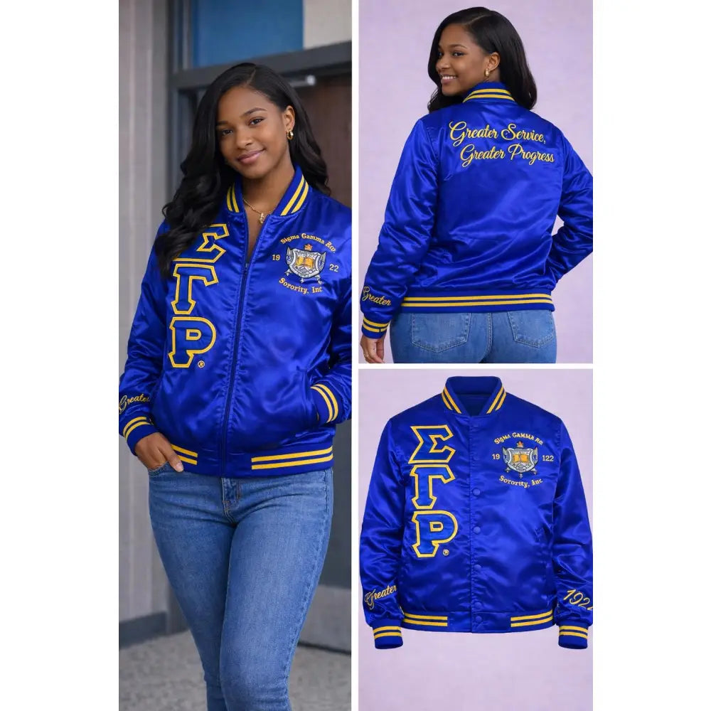Gold / Red Sigma Gamma Rho Varsity Line Jacket with personalized front, back, and sleeve embroidery