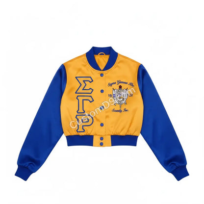 Gold / Red Sigma Gamma Rho Cropped Line Jacket with personalized front, back, and sleeve embroidery