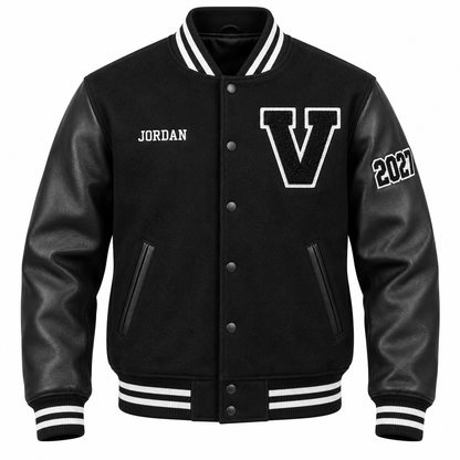 Custom solid black high school letterman jacket with personalized patches