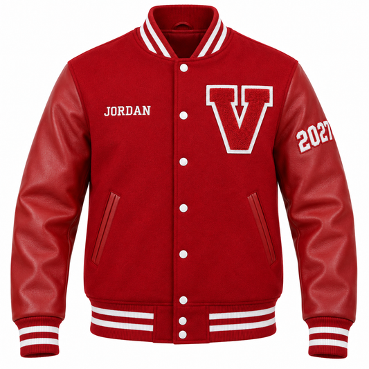 Custom solid red high school letterman jacket with personalized patches