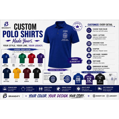 Red custom embroidered greek polo shirt with personalized name, chapter, and line details