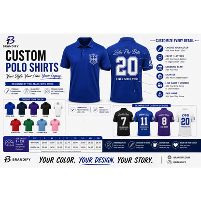 Red custom embroidered greek polo shirt with personalized name, chapter, and line details