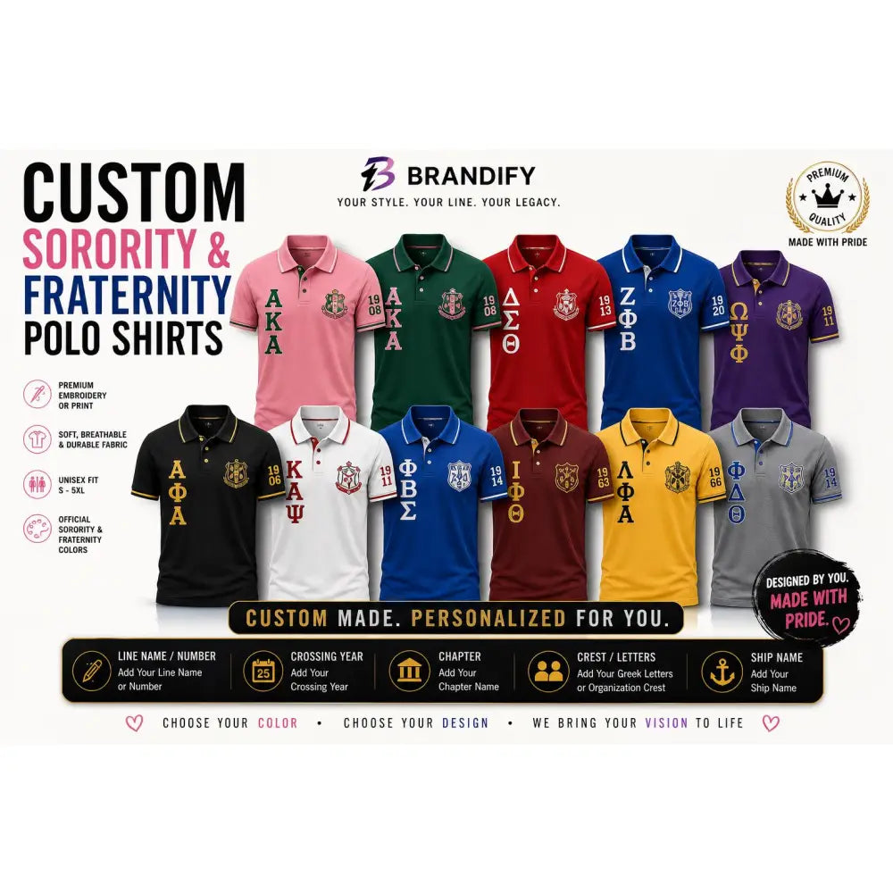 Red custom embroidered greek polo shirt with personalized name, chapter, and line details