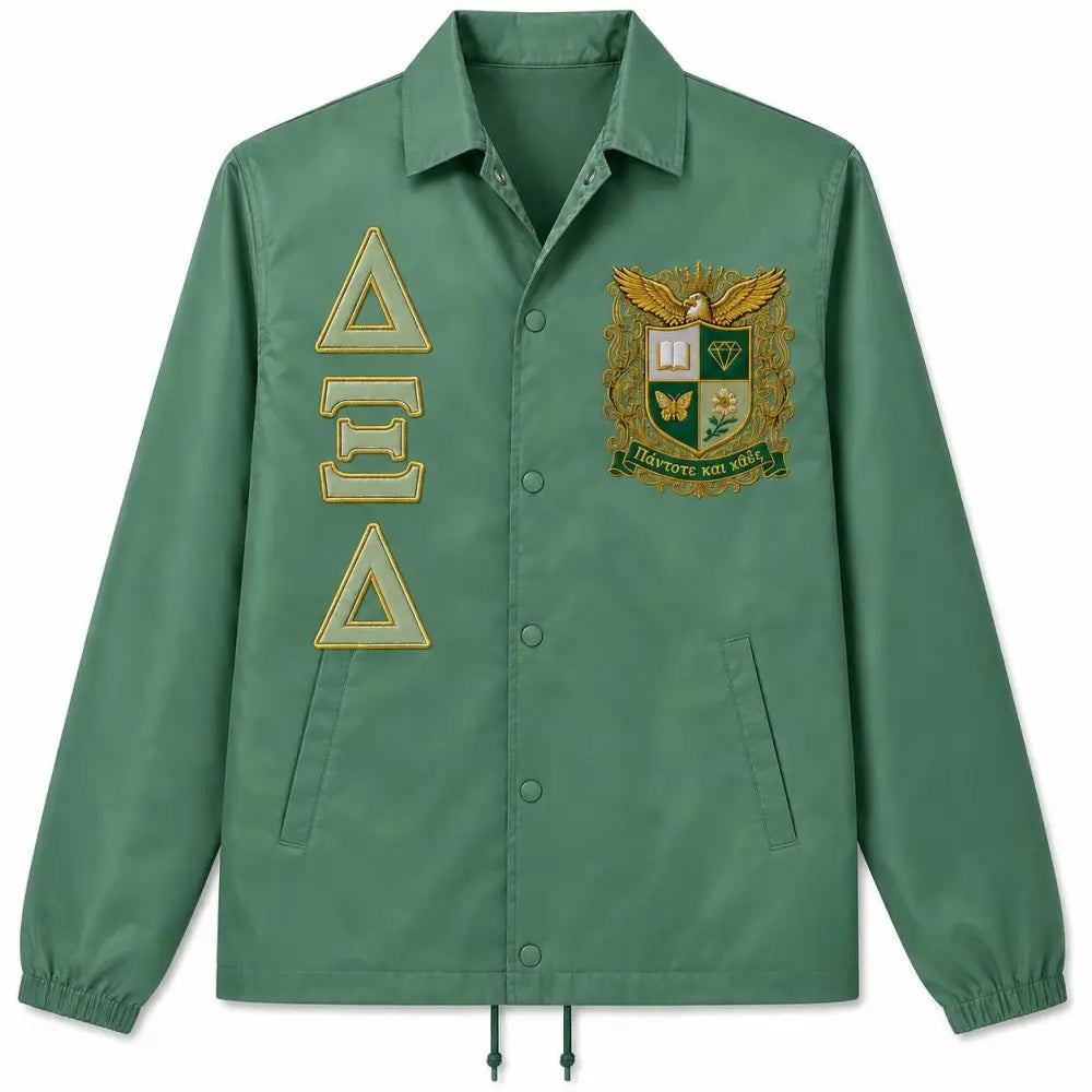 Red custom embroidered Coach Line Jacket with personalized front, back, and sleeve embroidery