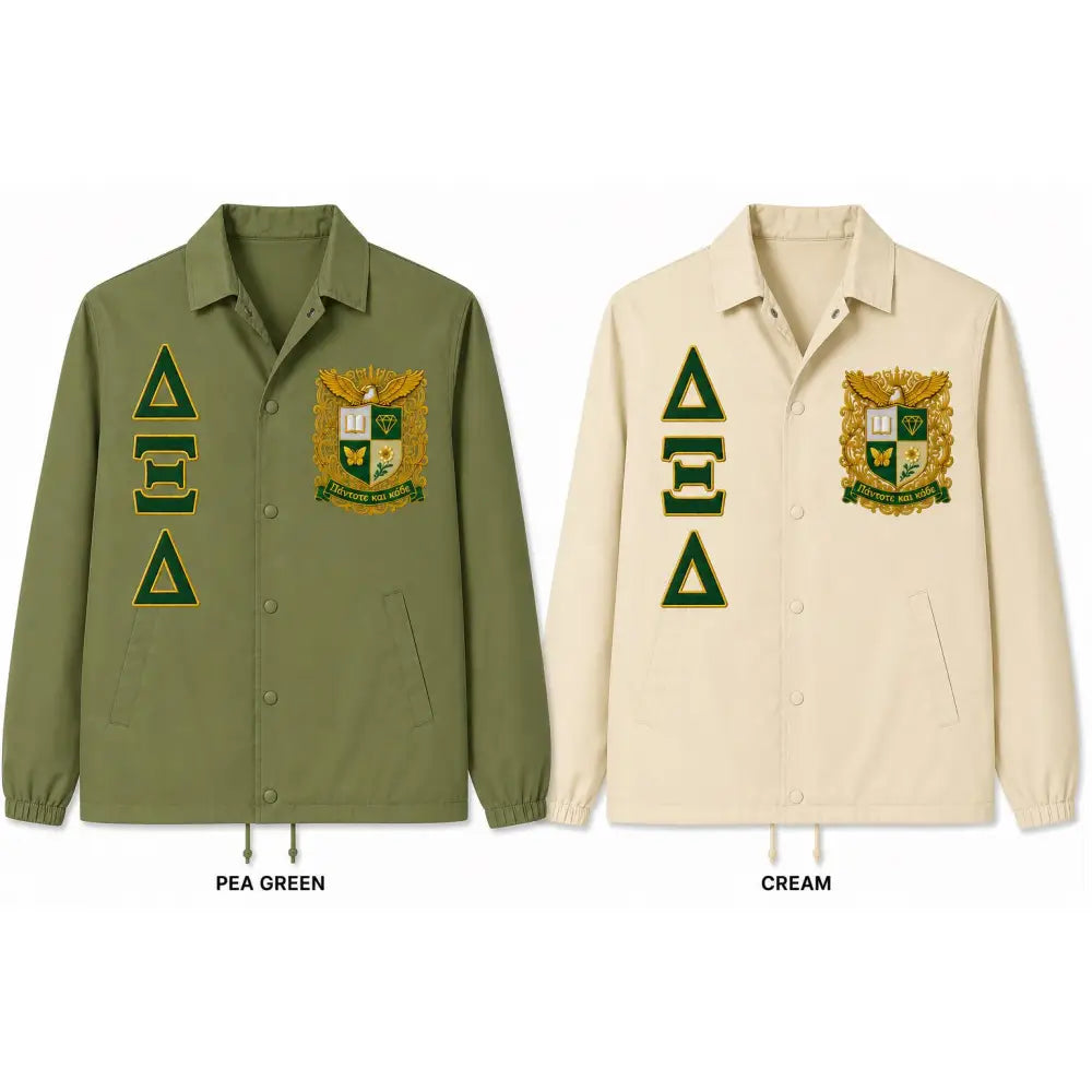 Red custom embroidered Coach Line Jacket with personalized front, back, and sleeve embroidery