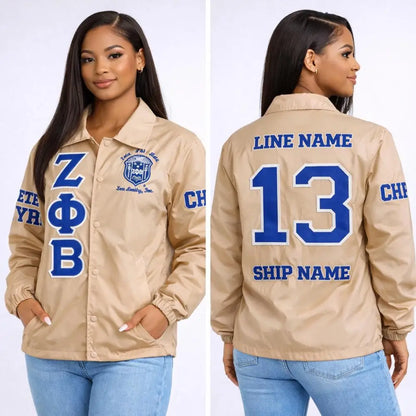 Red custom embroidered Coach Line Jacket with personalized front, back, and sleeve embroidery