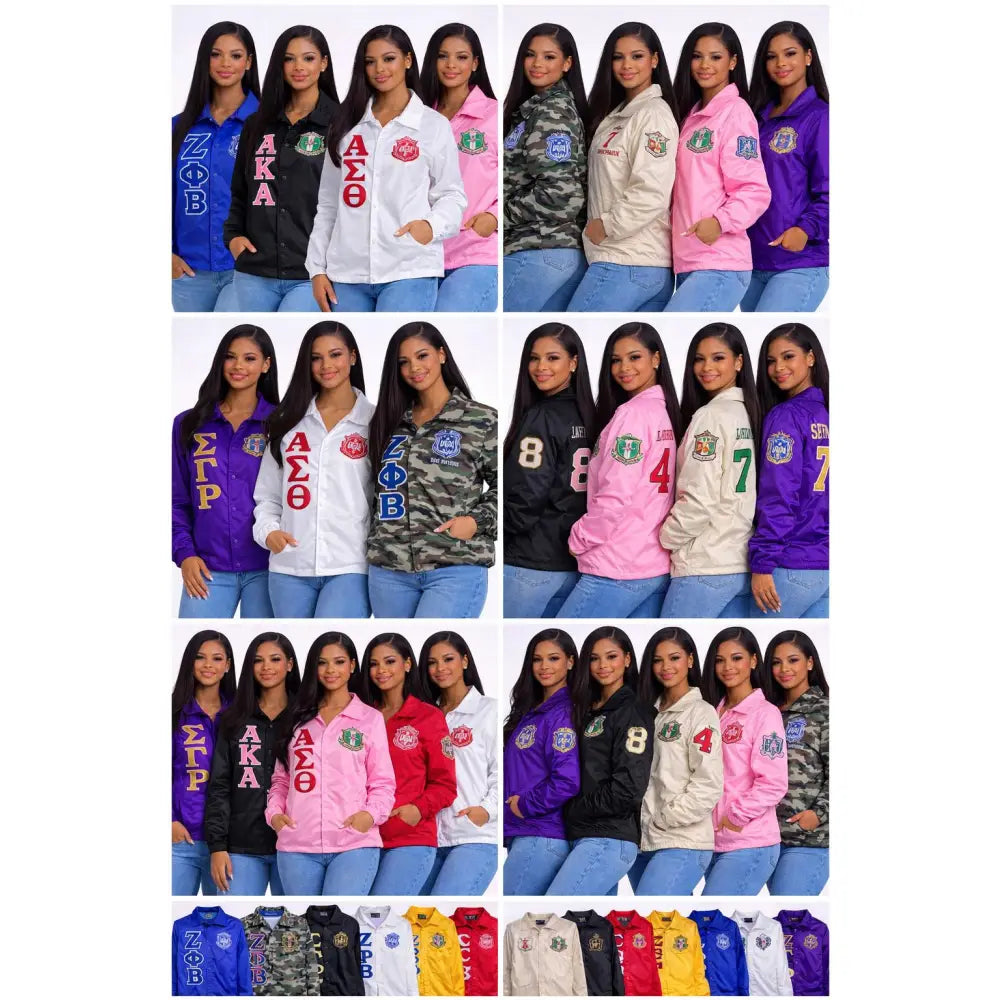 Red custom embroidered Coach Line Jacket with personalized front, back, and sleeve embroidery