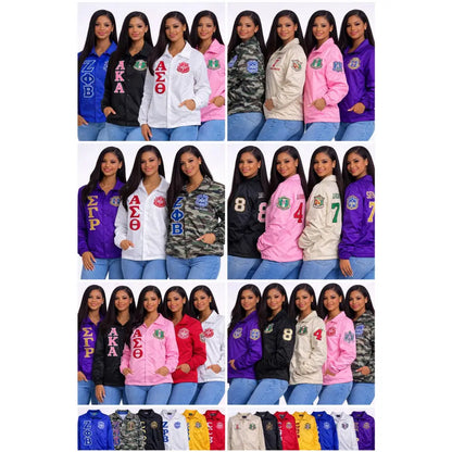 Red custom embroidered Coach Line Jacket with personalized front, back, and sleeve embroidery