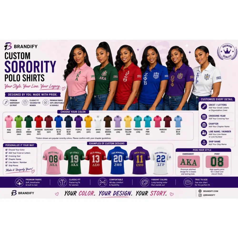 Red custom embroidered Zeta Phi Beta polo shirt with personalized name, chapter, and line details