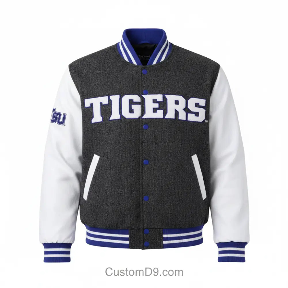 Custom Tennessee State University Denim Bomber Jacket front view with personalized college design